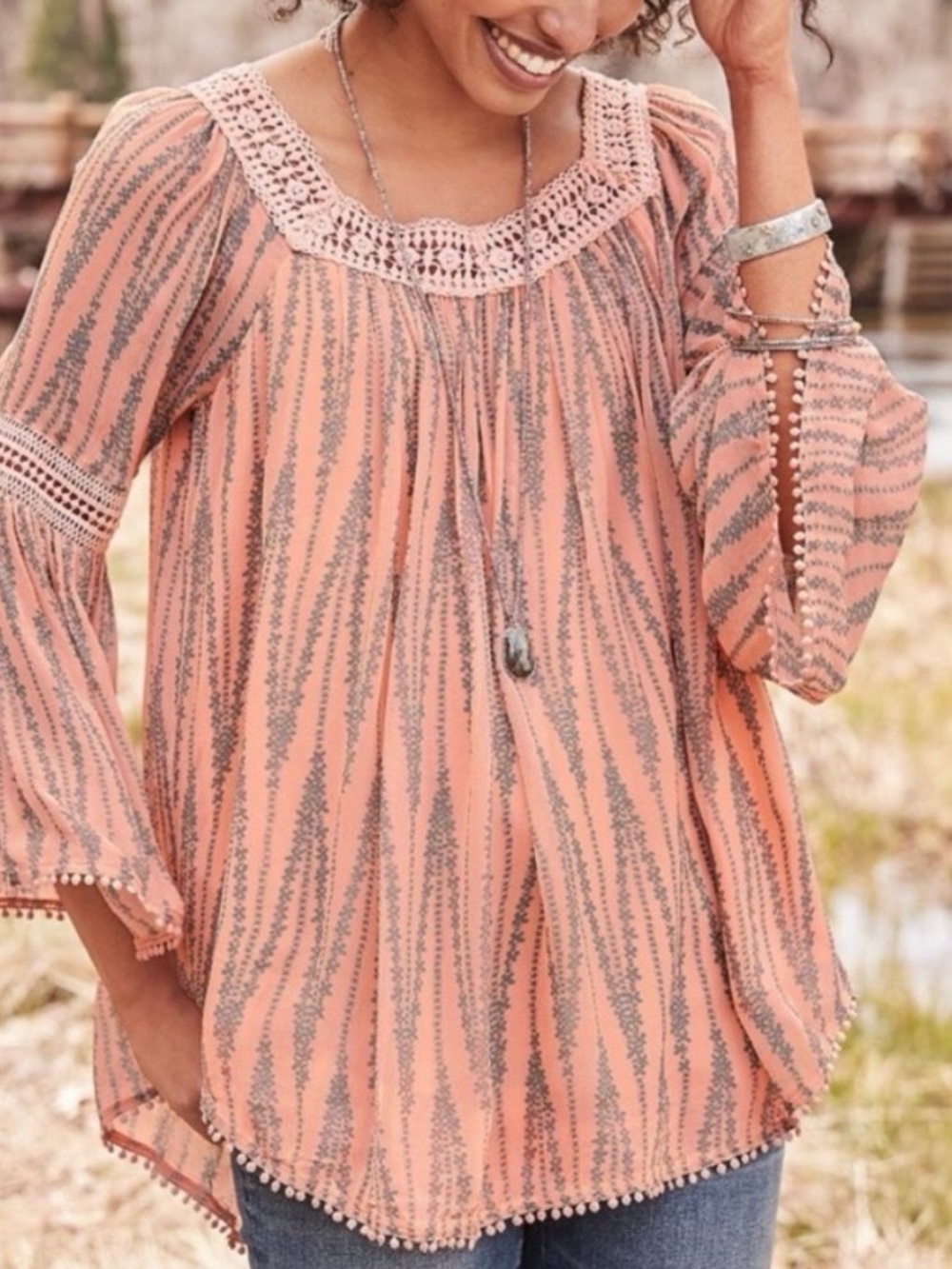 Sundance Rosabella peach/grey Crochet-Trim blouse S